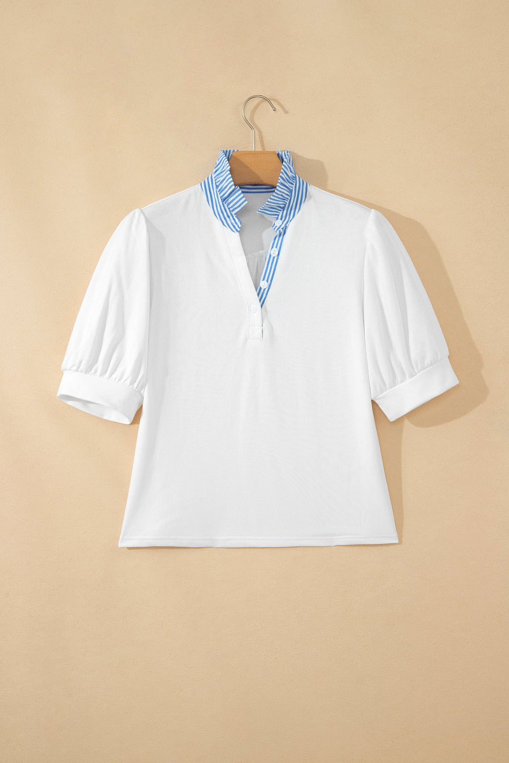 Stripe Frilled Collar Short Sleeve Blouse with Puff Sleeves