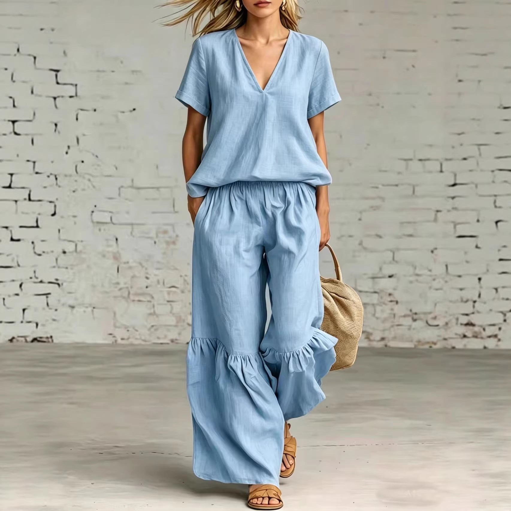V-Neck Short Sleeve Top and Ruffled Hem Pants Set - Image 3