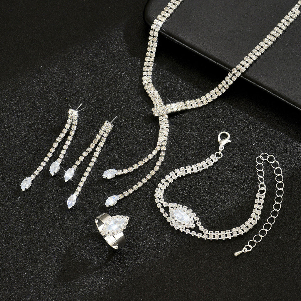 Hot-Selling Jewelry Claw Chain Marquise Zircon Ring Bracelet Necklace Earring Set Chain Wedding Dress Jewelry Four-Piece Set