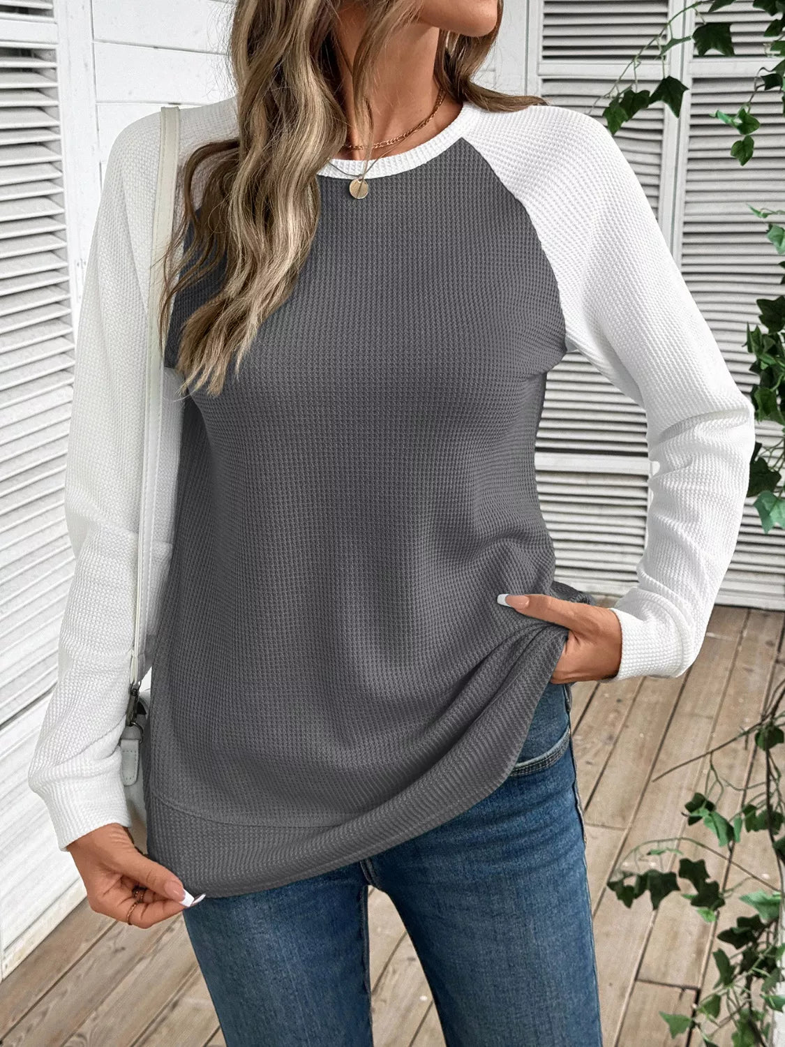 Waffle Knit Raglan Sleeve T-Shirt | Relaxed Fit Crew Neck