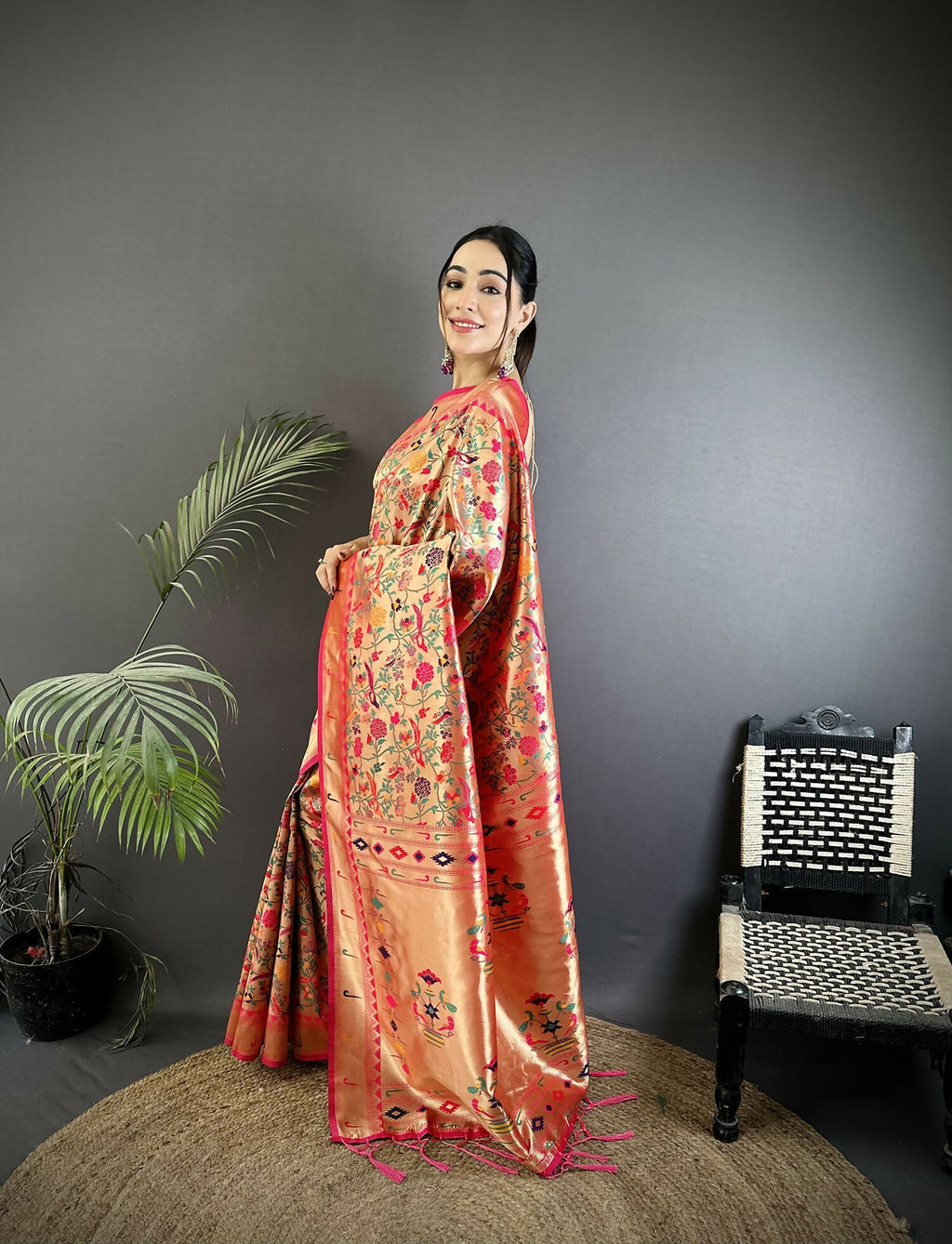 Rani Pink Floral & Leaf Design Soft Silk Paithani Saree with Blouse