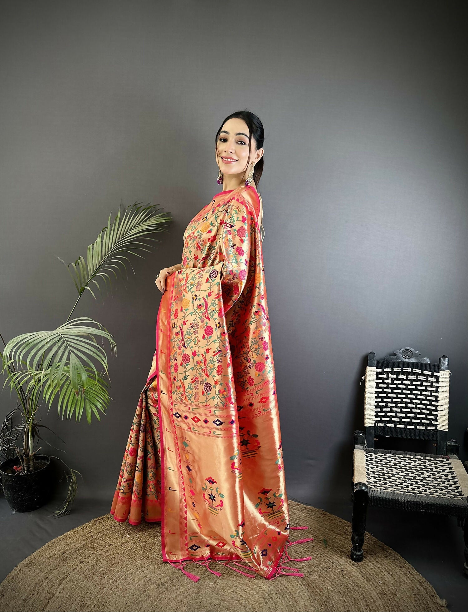 Rani Pink Floral & Leaf Design Soft Silk Paithani Saree with Blouse