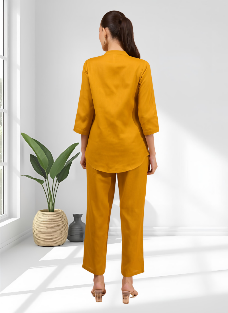 Mustard Embroidered Cotton Linen Casual Cord Set
