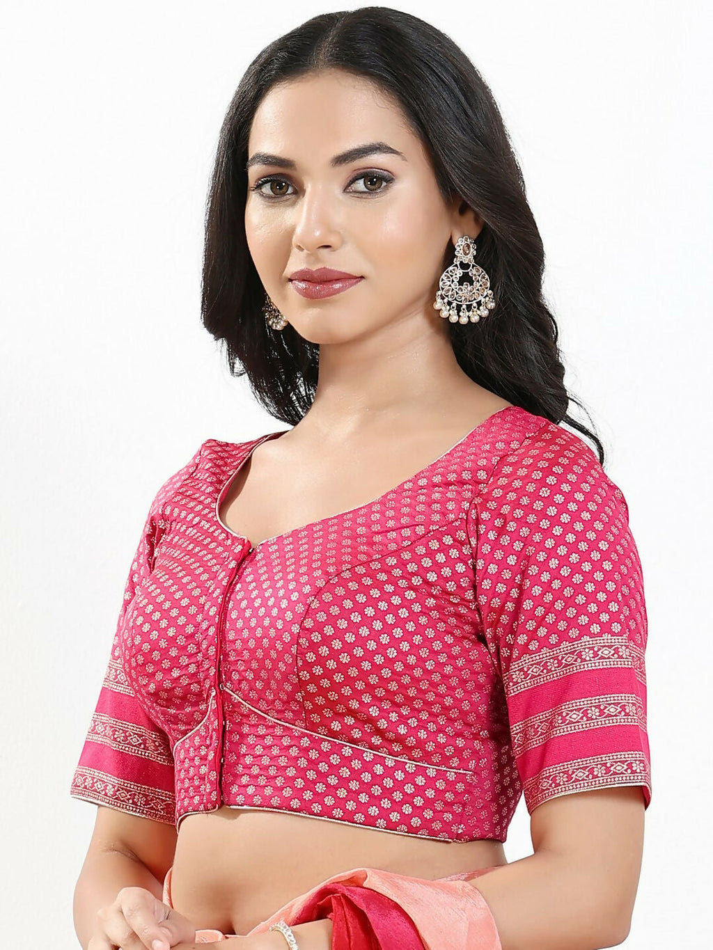 South Pink Brocade Padded Blouse with Elbow Sleeves