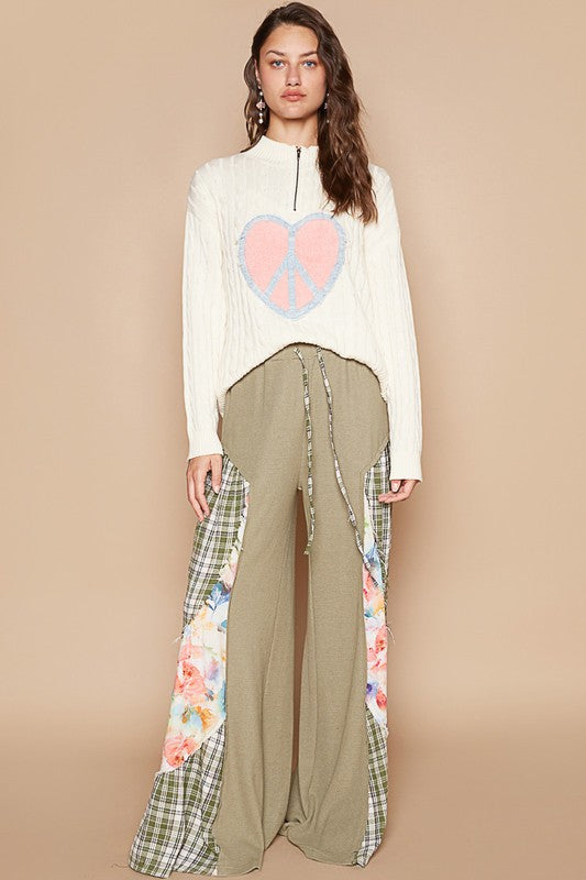 Back To School Sweater - POL Cable-Knit Peace Patch Dropped Shoulder Sweater