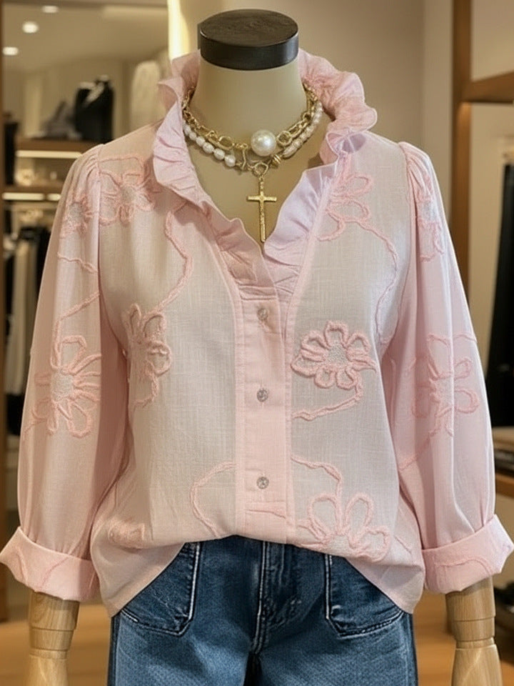 Women's Lace Embroidered Cotton Linen Blouse with Ruffled Neck - Image 8