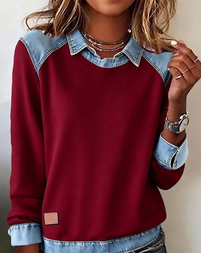 Denim Collar Patchwork Knit Pullover – Women’s Street Style Top
