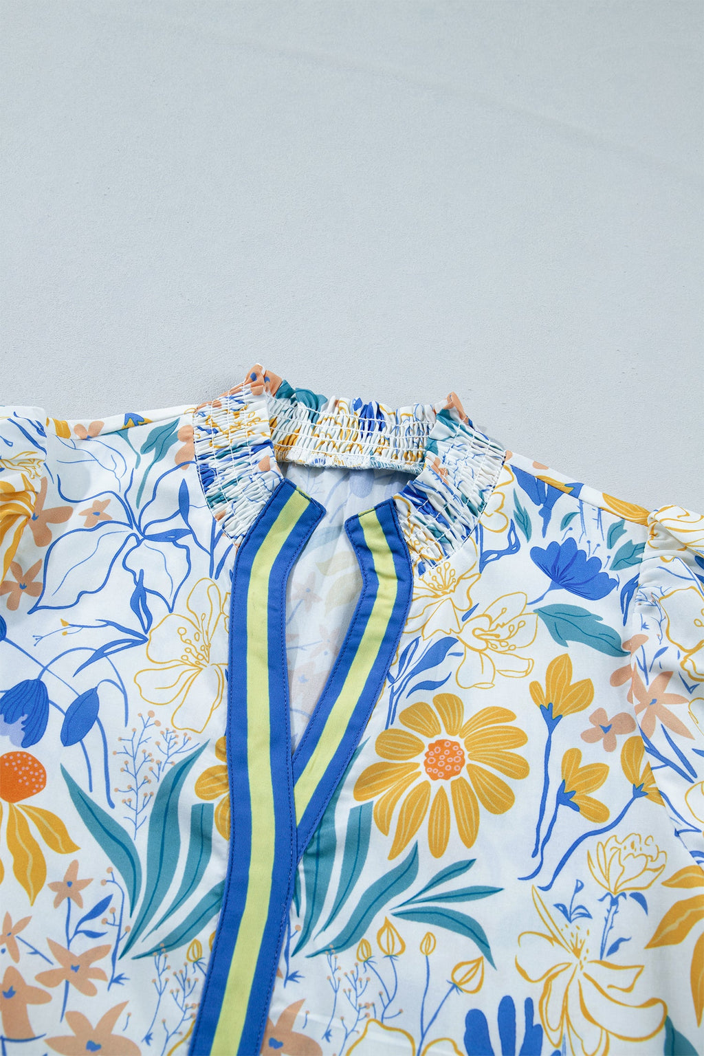 Floral Stripe Trim V-Neck Puff Sleeve Blouse for Women