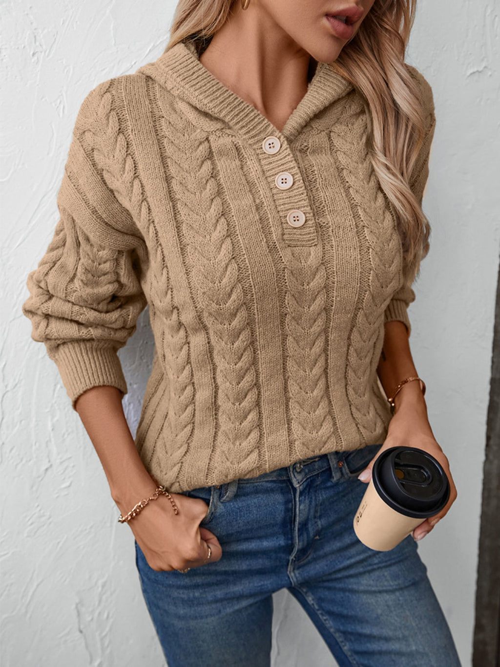 Women's Button-Down Cable-Knit Hooded Sweater in Tan - Image 4