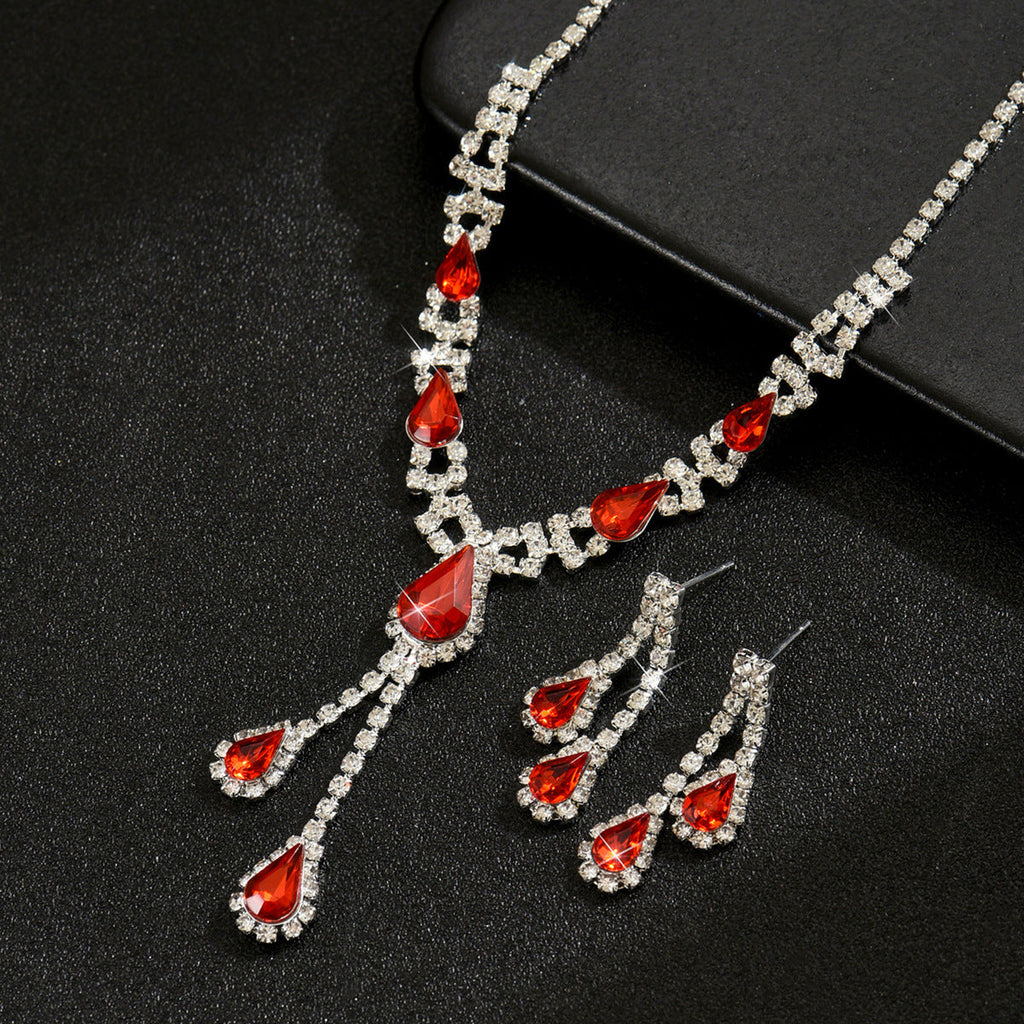2026 New Fashion Accessories Red Water Drop Necklace Earrings Bridal Wedding Party Jewelry