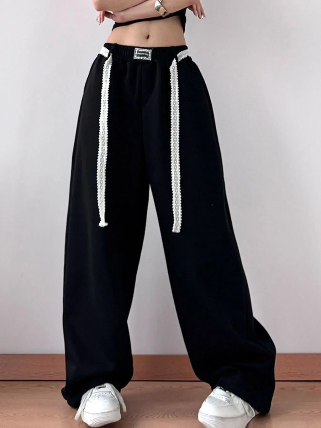 Women's Elastic Waist Wide Leg Pants with Drawstring Detail - Image 5