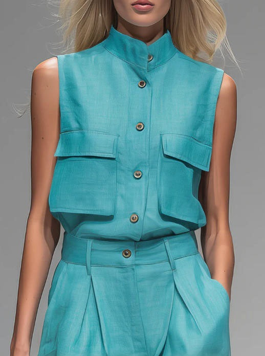 Women’s Sleeveless Button-Down Vest and Wide-Leg Pants Set - Image 3