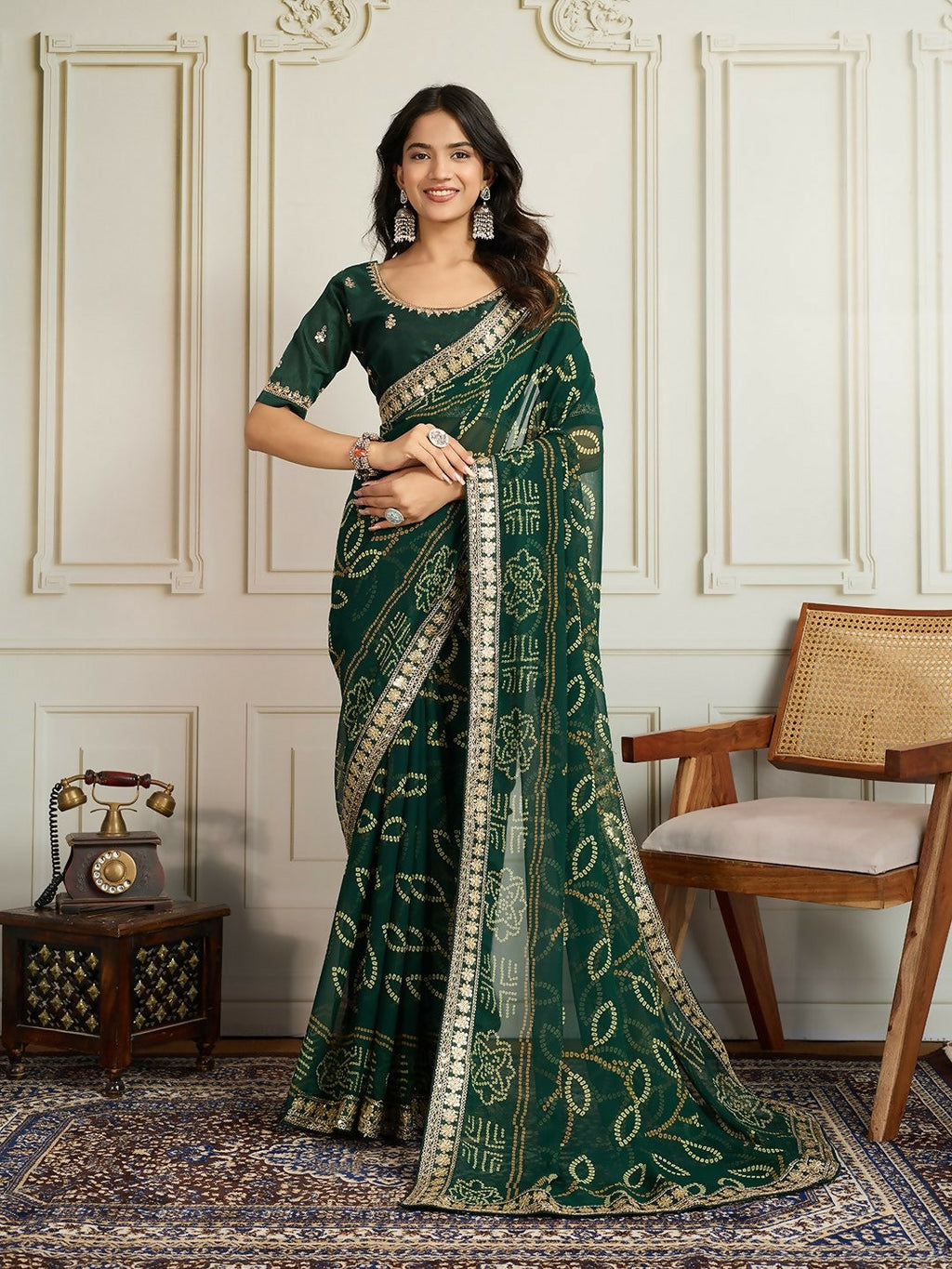 Dark green georgette saree with Rajwadi Bandhani print