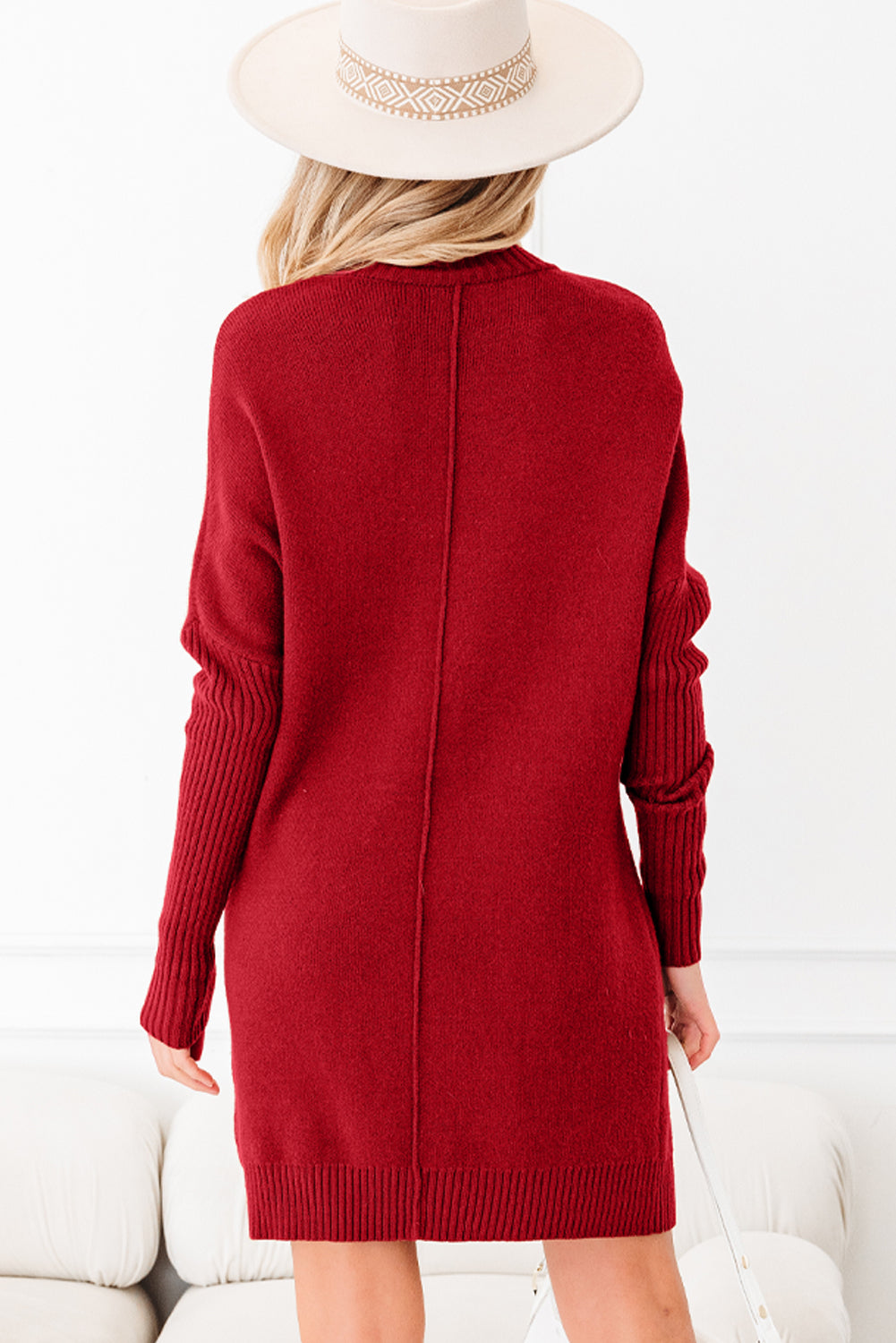 Women's Ribbed Mock Neck Sweater Dress in Brown and Red