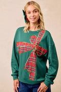 Oversized Plaid Bow Holiday Fleece Pullover in Green/Red