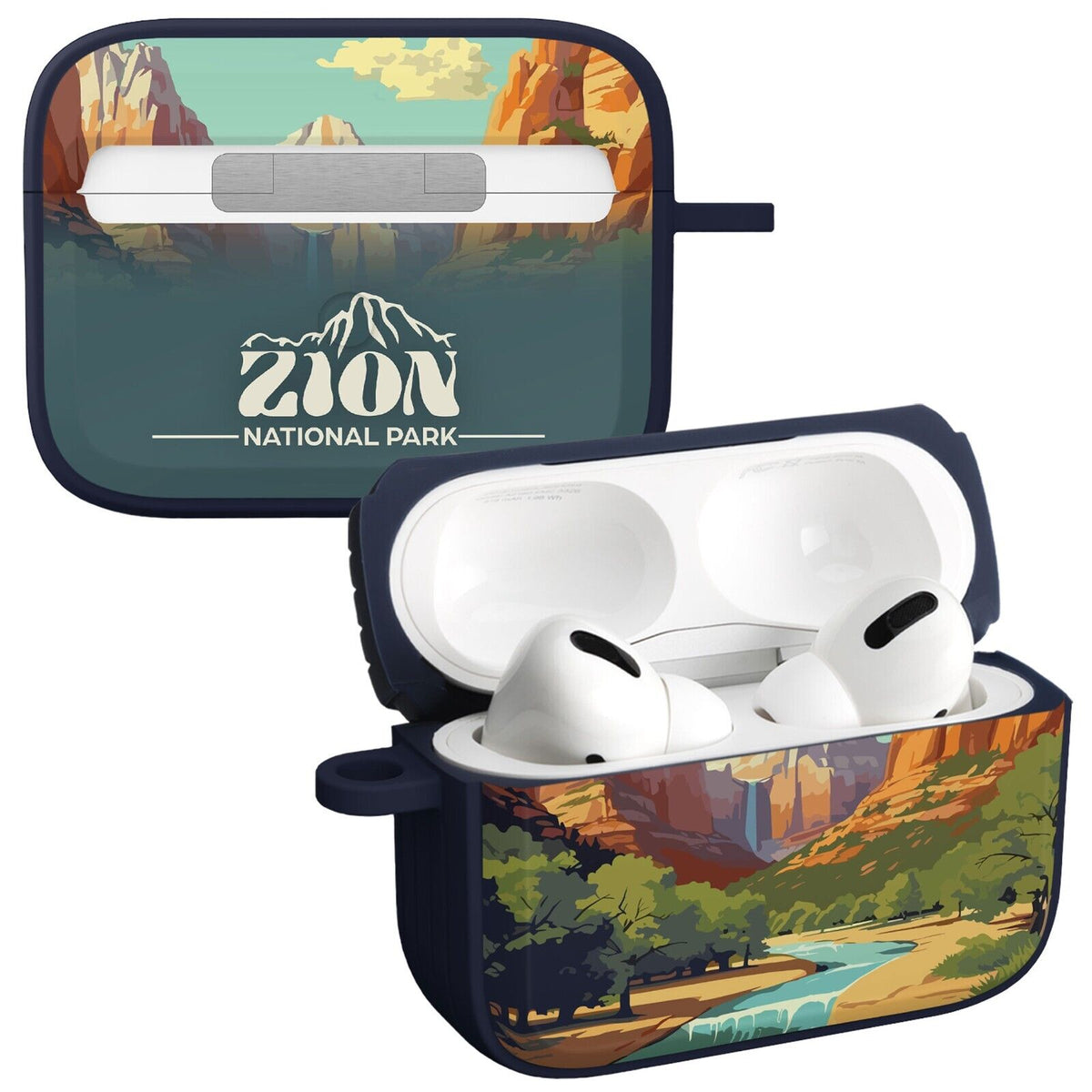 Zion National Park landscape themed protective case for Apple AirPods Pro attached to a backpack via carabiner