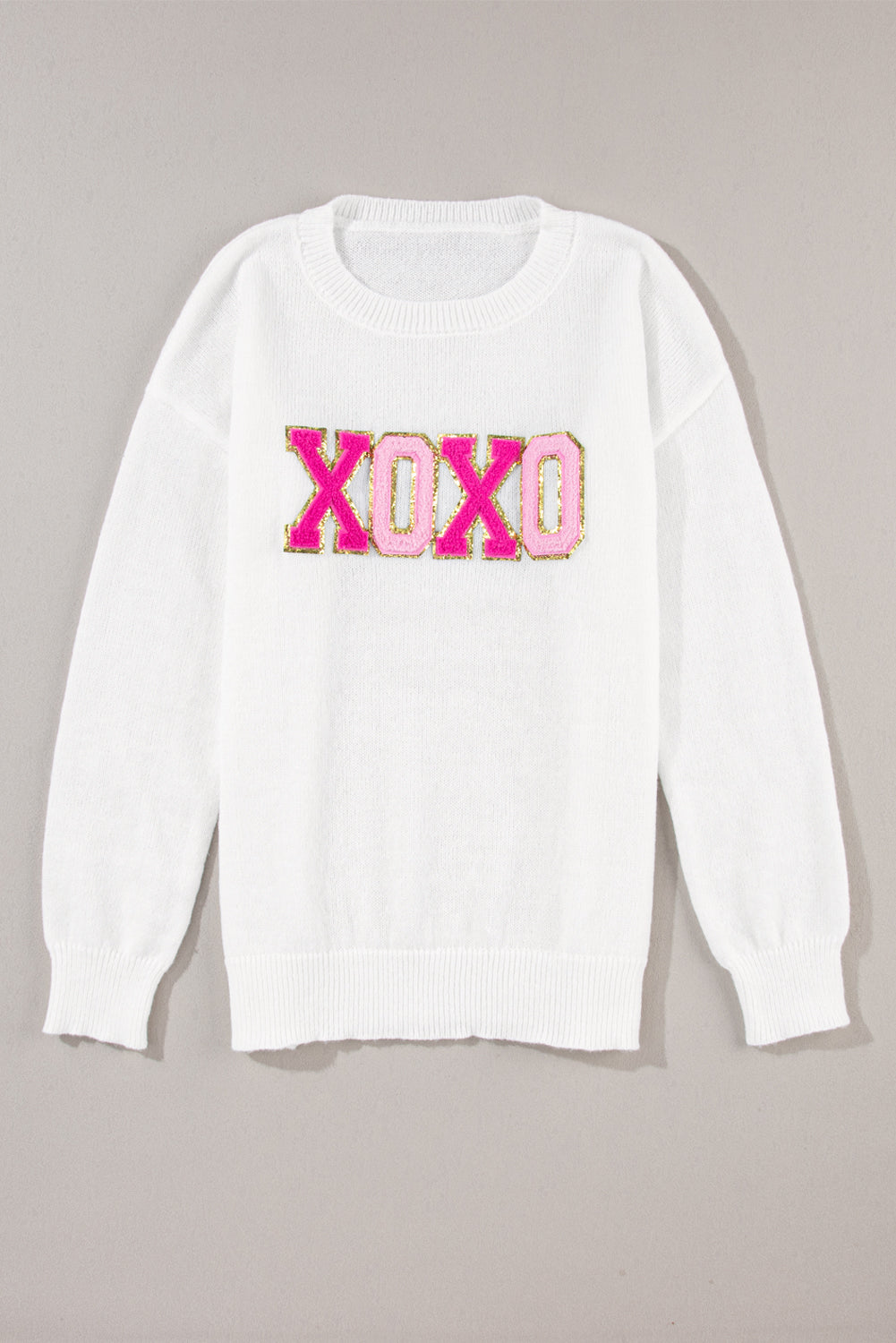 White XOXO Glitter Print Casual Knit Sweater