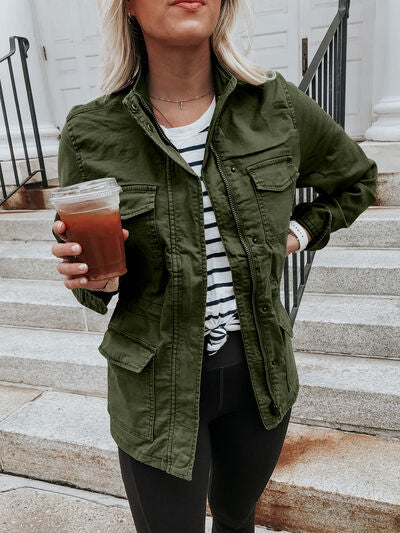 Utility-chic lightweight cotton zip-up jacket available in olive, burgundy, brown, and navy blue