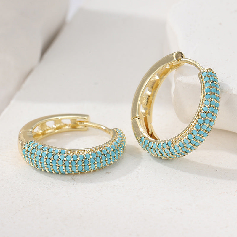 Vintage Turquoise Beaded Hoop Earrings Gold Tone Brass Women Boho Daily Party Fashion Jewelry Elegant