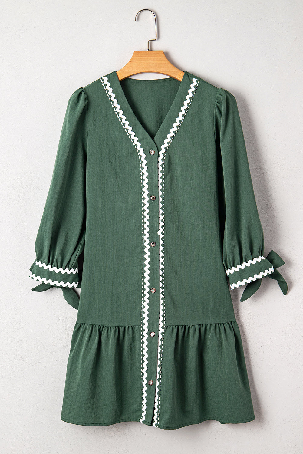 Xyla Bracelet Sleeve Shift Dress with Ricrac Trim and V-Neck