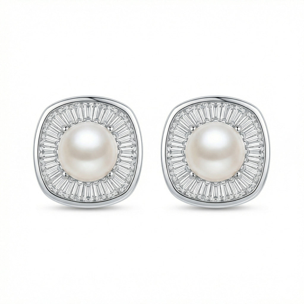 925 Sterling Silver Radiant Pearl and Tapered Baguette CZ Cushion Halo Stud Earrings