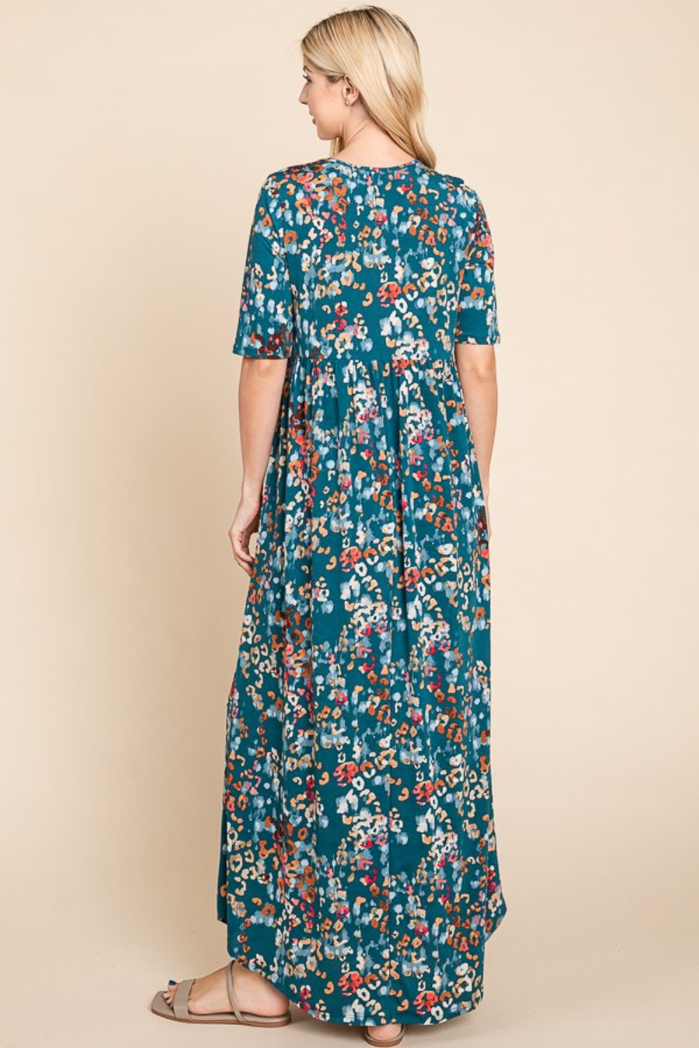 Shirred Maxi Dress in Teal and Multicolor Floral