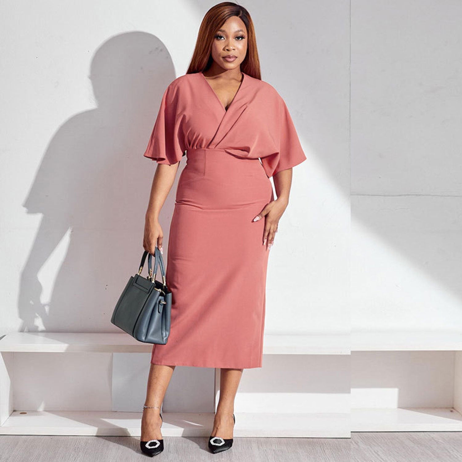 Solid Color Half Sleeve Mid-Length Dress in Dusty Rose