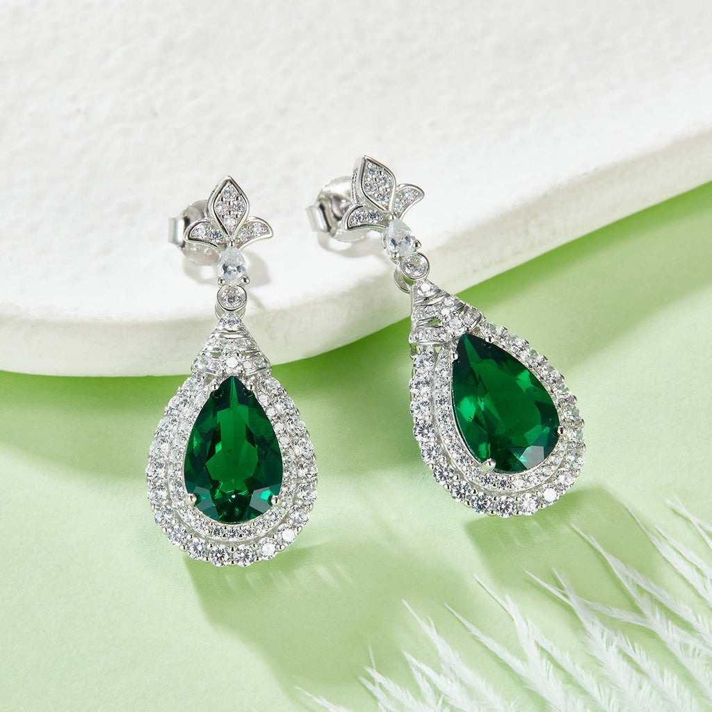 S925 Silver 5.4g Lab-Created Emerald Drop Earrings, 3.4ct 11x7mm Halo Pair