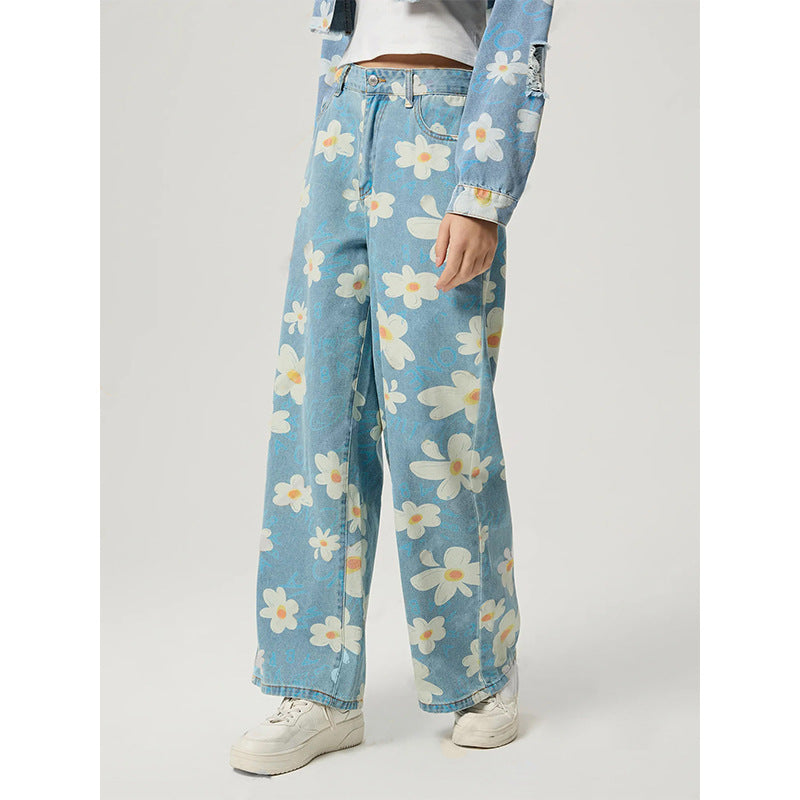Women's Vintage Floral Print Straight-Leg Jeans Blue Denim - Image 2