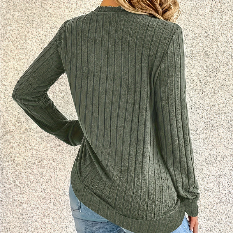Women's Ribbed Knit Long Sleeve V-Neck Blouse in Olive Green - Image 4