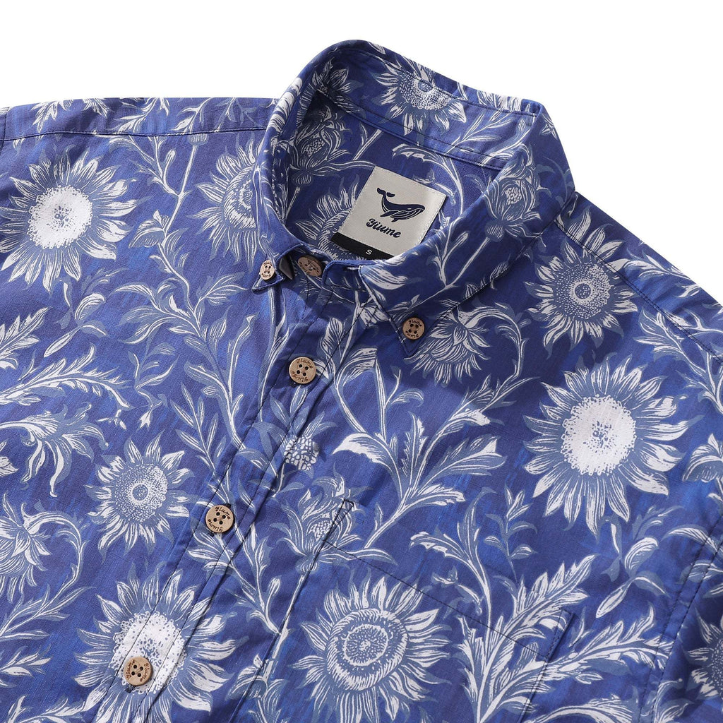 Blue and White Sunflower Print Cotton Short Sleeve Shirt