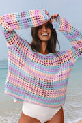 Beau Blue Multi Stripe Open Knit Beach Cover Up Sweater