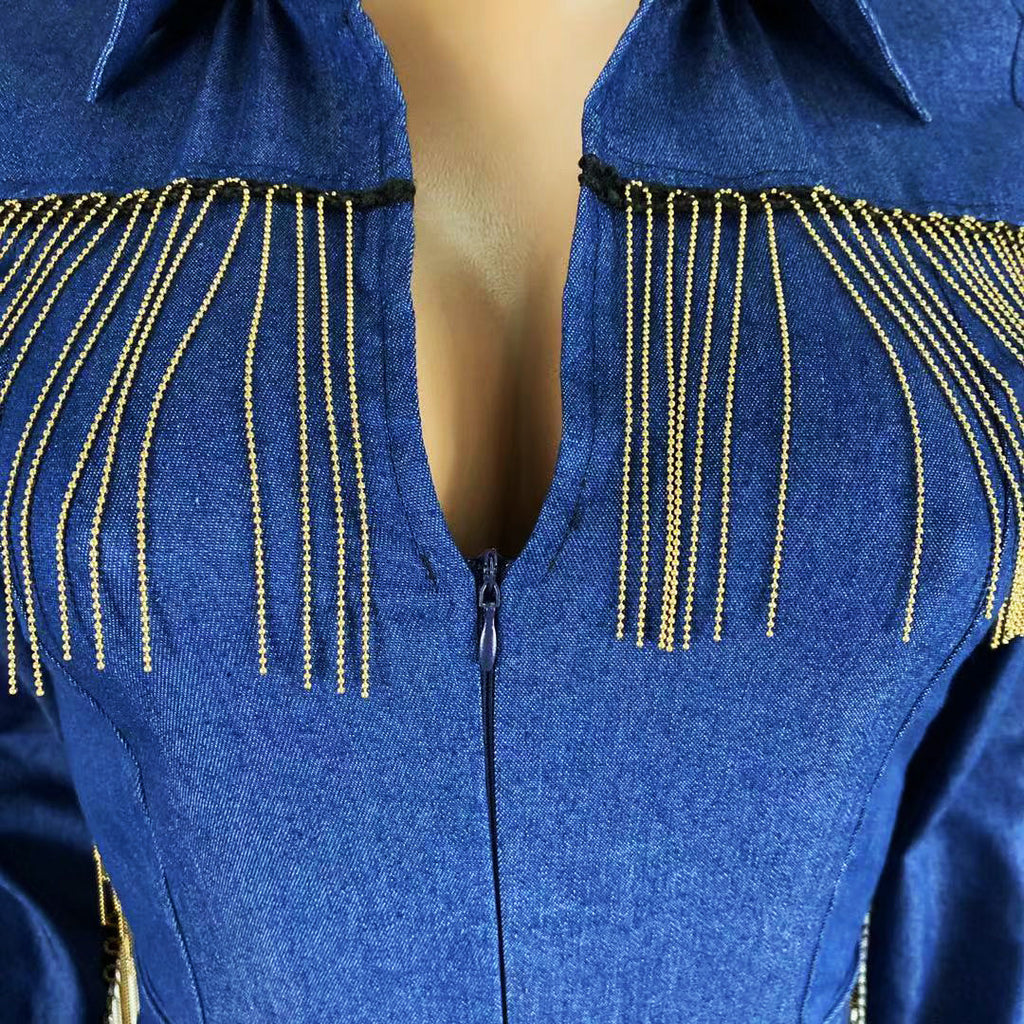 Fashionable Denim Fringed Jumpsuit with Belt