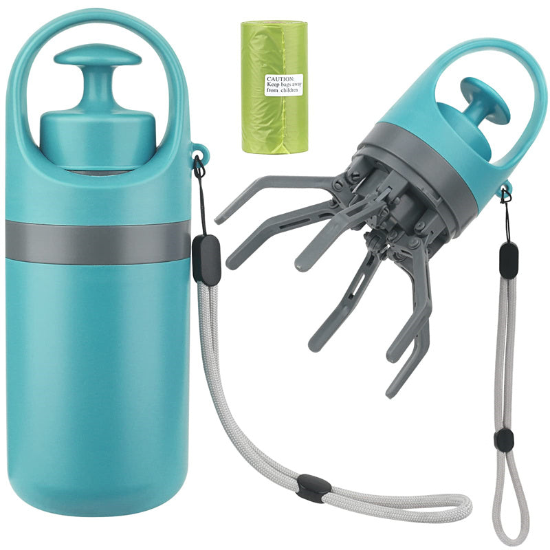Portable Eight-Claw Dog Pooper Scooper with Bag Dispenser - Teal/Grey