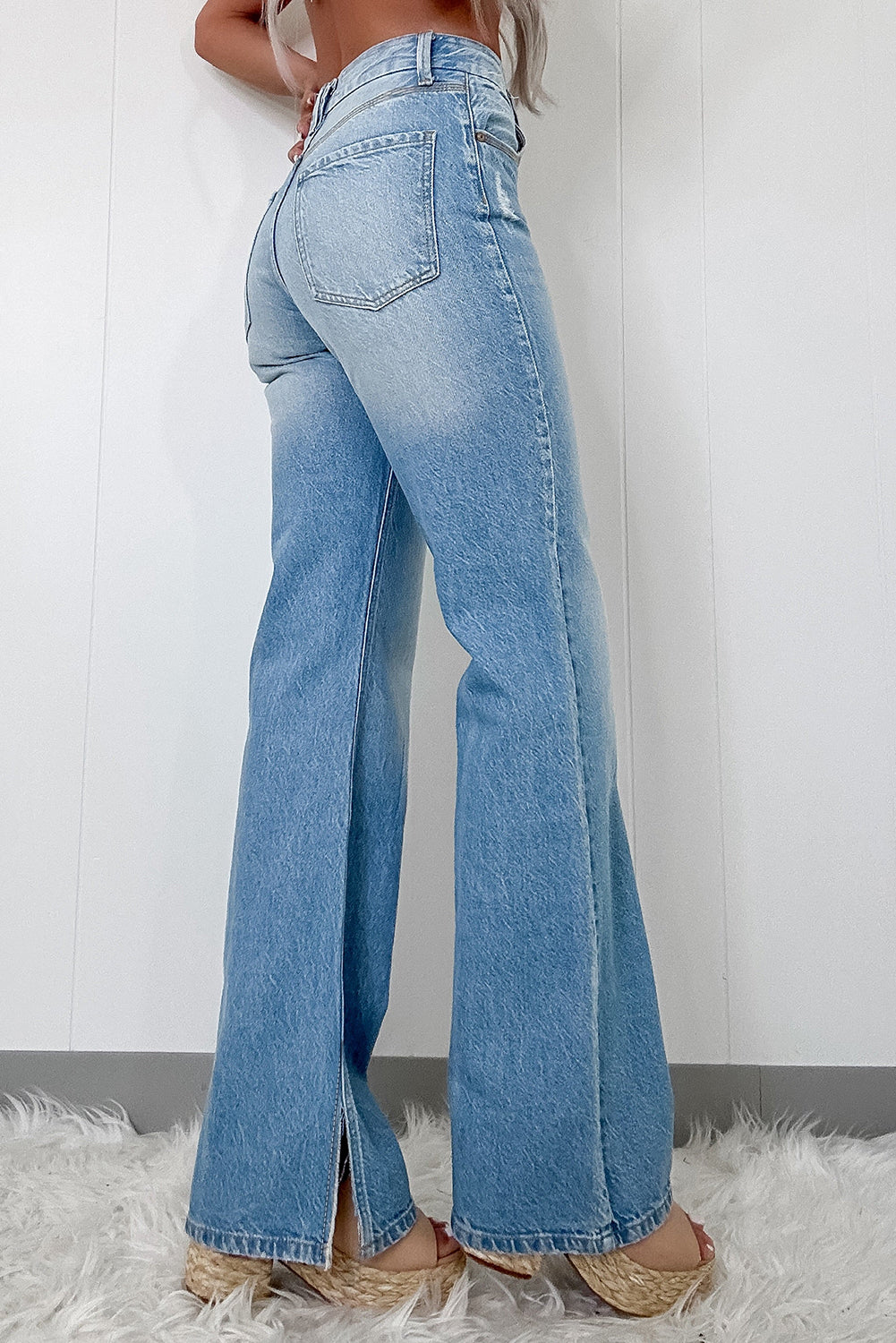 Myosotis High Rise Slit Leg Straight Jeans Light Blue