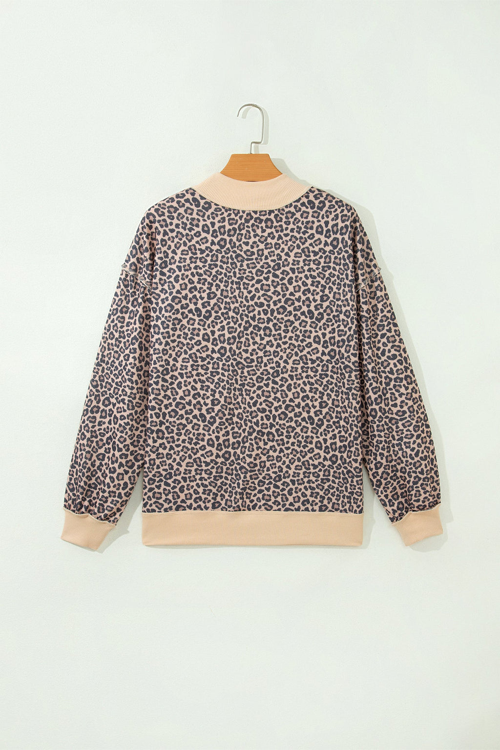 Leopard Ribbed Trim High Neck Long Sleeve Sweatshirt
