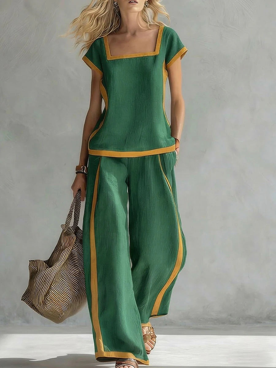 Women’s Square Neck Short Sleeve Two Piece Pants Set with Trim - Image 6