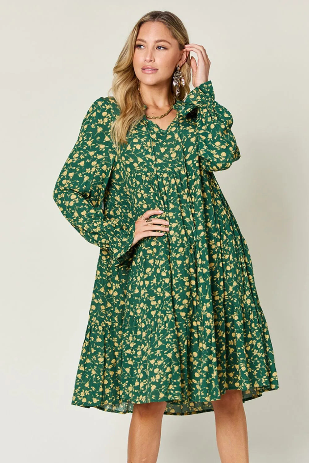 Printed Ruffle Hem Long Sleeve Tiered Midi Dress