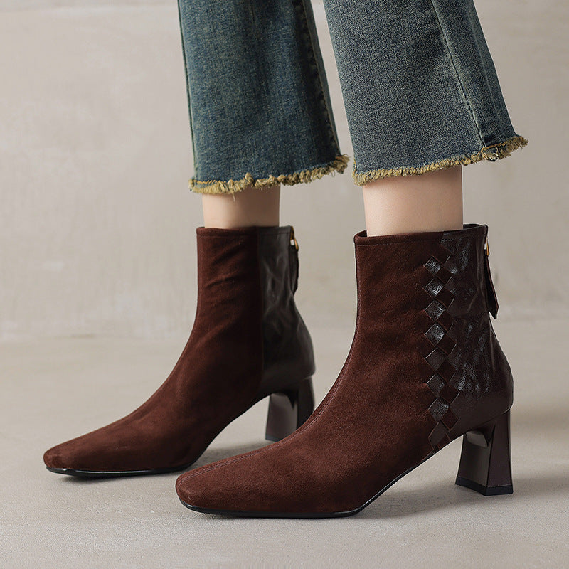 Women's Brown Sheepskin Square Toe Chunky Heel Ankle Boots - Image 2