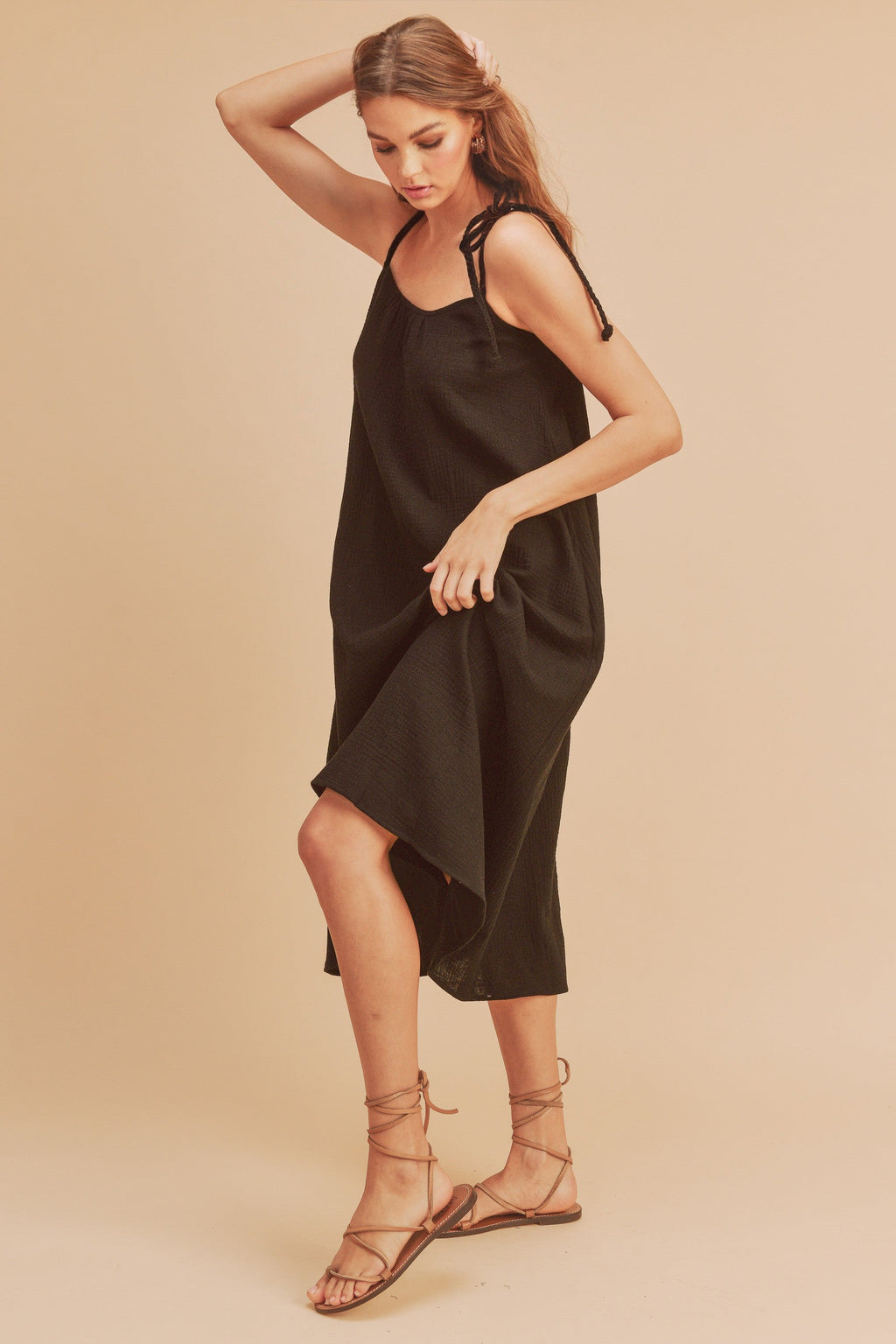 Summer Midi Cami Dress with Braided Straps and Pockets