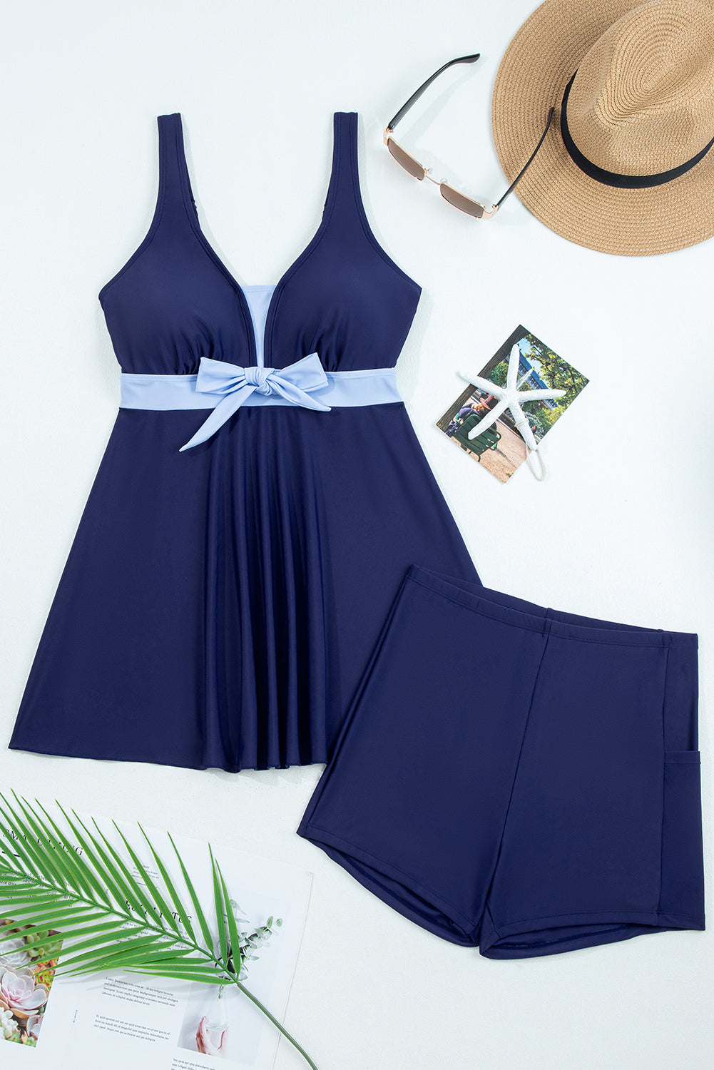 Floral Colorblock Patchwork Bow Sleeveless Swim Dress