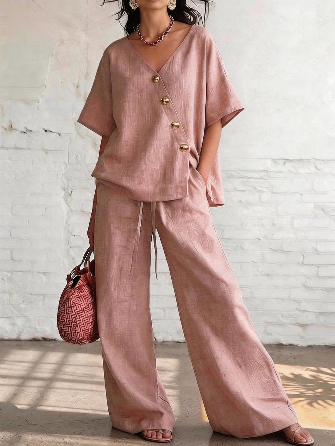 Women's V-Neck Cotton-Linen Top and Wide-Leg Pants Set - Image 9