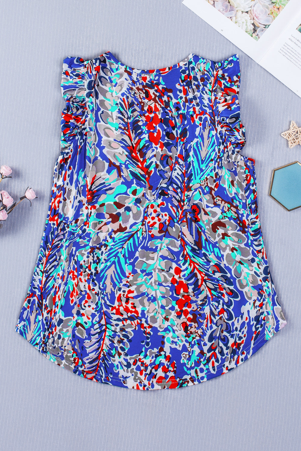 Rosy Boho Abstract Print Ruffle Sleeveless Babydoll Shirt