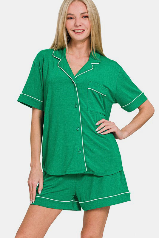 Zenana Button Down Short Sleeve Lounge Set
