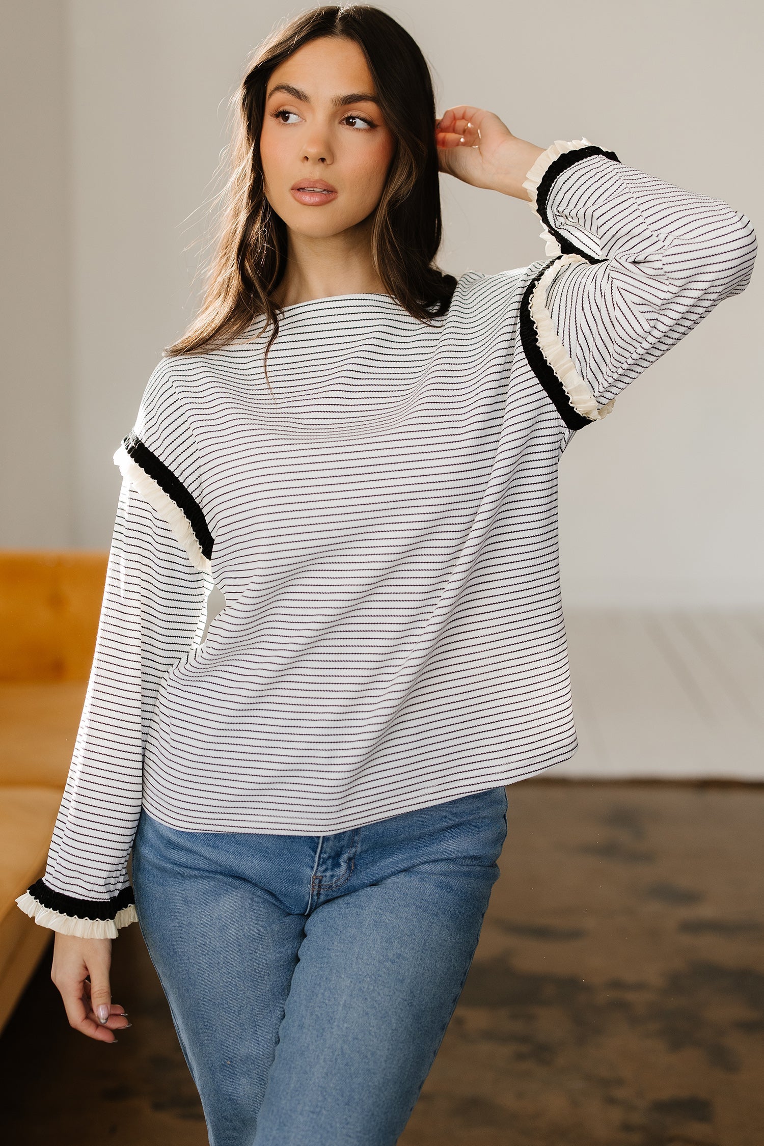 Women's Striped Long Sleeve Knit Top with Ruffle Trim