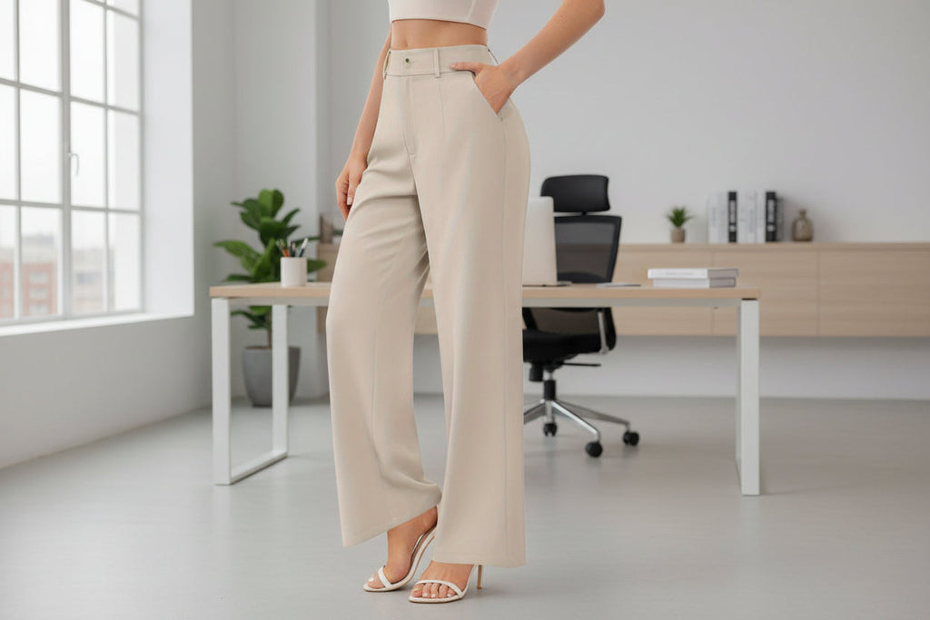 Women wearing professional elegant suit trousers with side pockets in a business setting