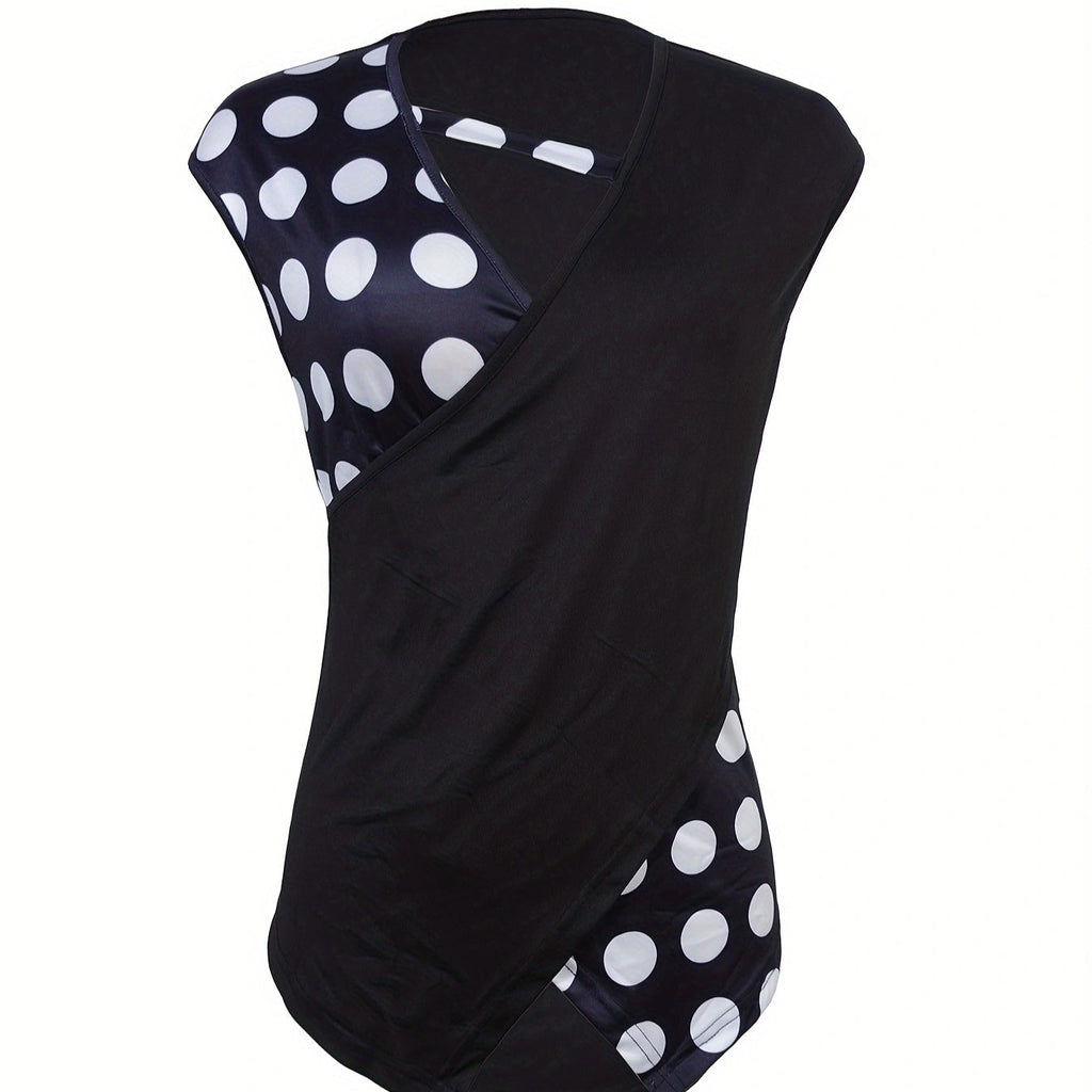 Women's Sleeveless Polka Dot T-Shirt with Asymmetric Collar - Image 3