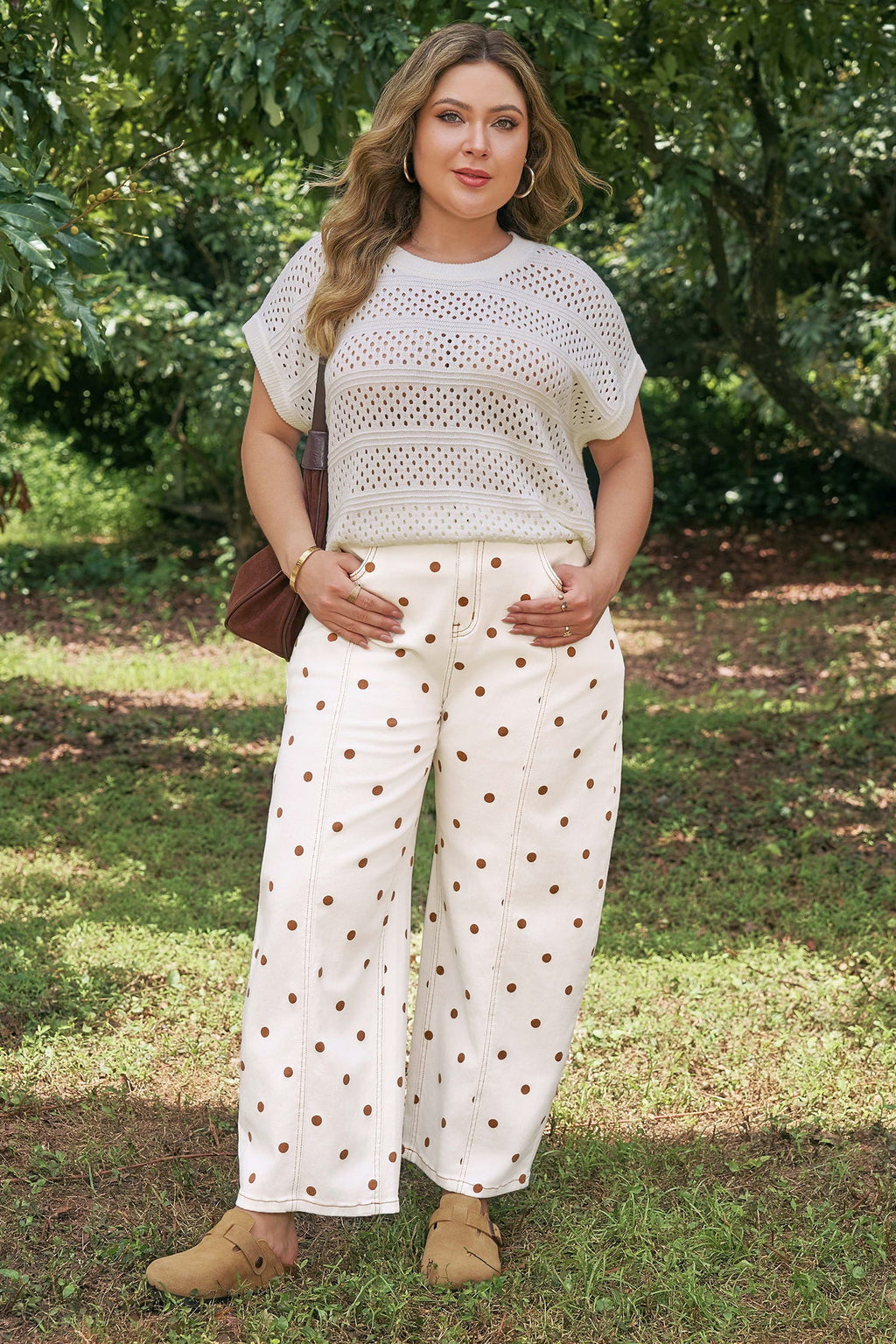 Monroe Dot Print Barrel Wide-Leg Jeans in Off-White and Brown