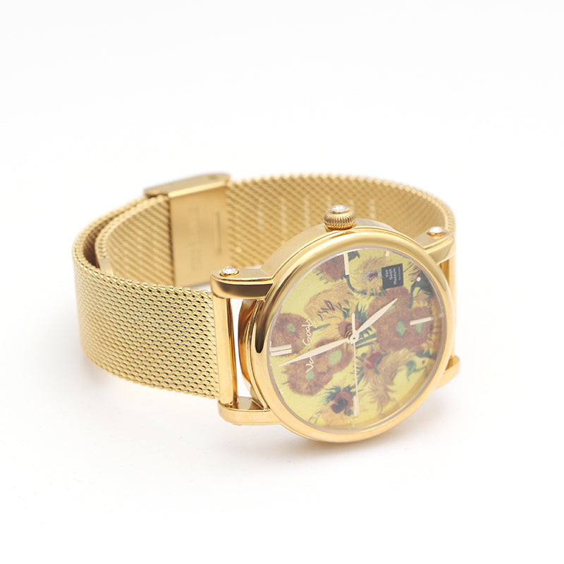 Van Gogh Women's Quartz Watch 3D Printed Oil Painting Dial Steel Strap Sunflowers