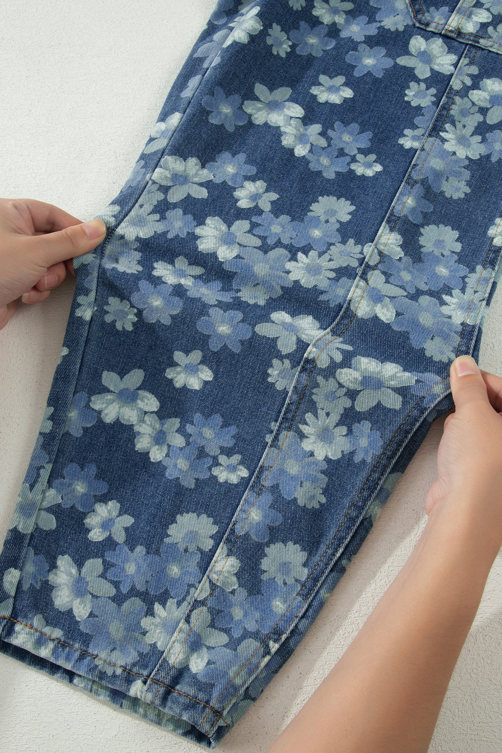 Sky Blue Dainty Floral Print Barrel Leg Drawstring Jeans